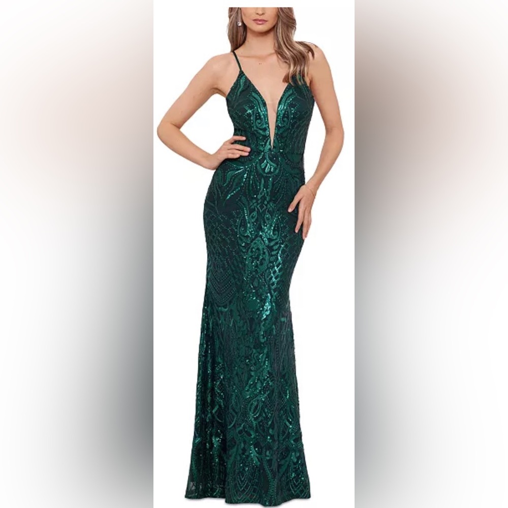 BETSY & ADAM
Women's Deep V-Neck Spaghetti-Strap Sequin Gown